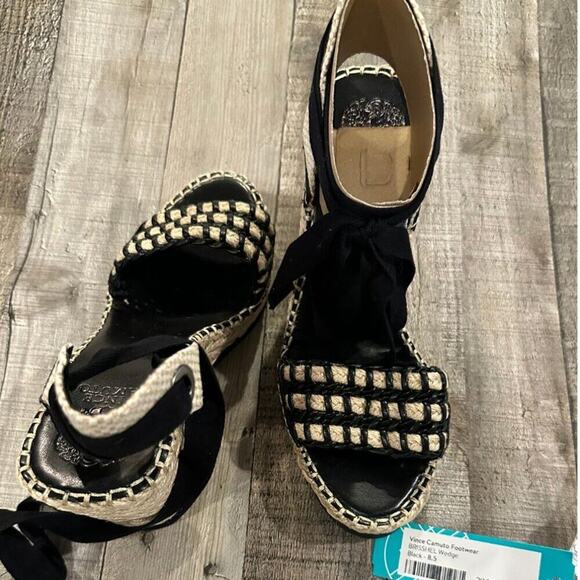Vince Camuto Brisshel Leather Espadrille Wedge Sandal | Black & Natual | Sz 8.5 - Picture 9 of 13